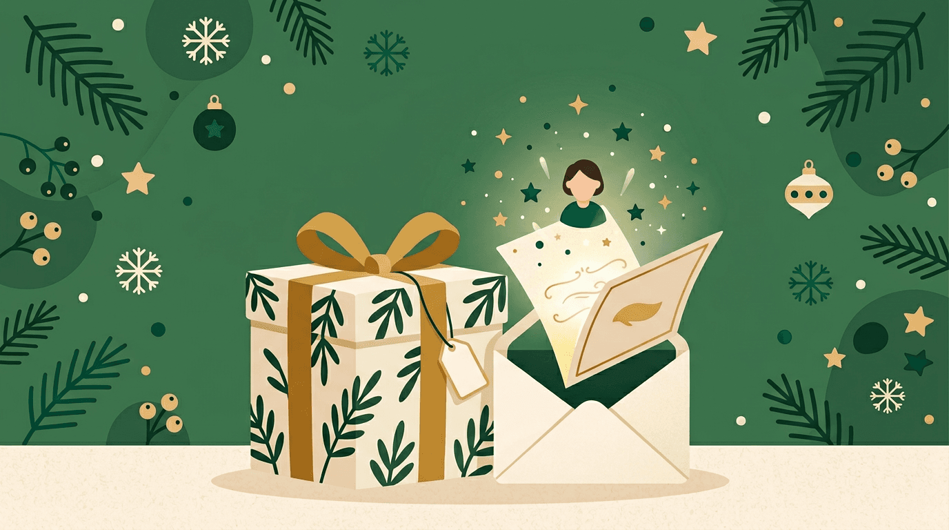 Illustration of a wrapped gift and envelope suggesting a Secret Santa name reveal.
